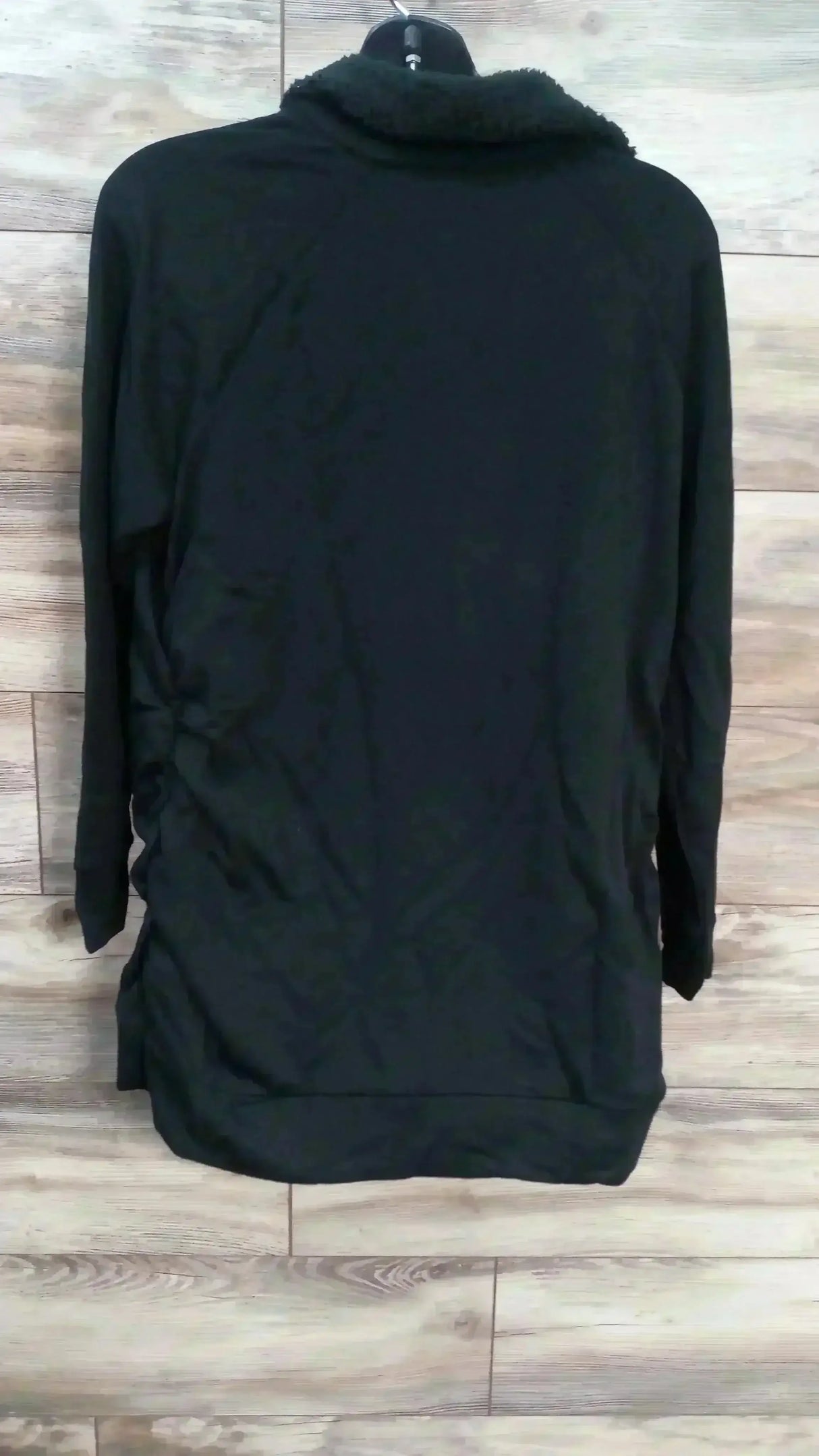 Front view of Isabel maternity black sweatshirt showcasing snap sherpa collar and long sleeves on white background