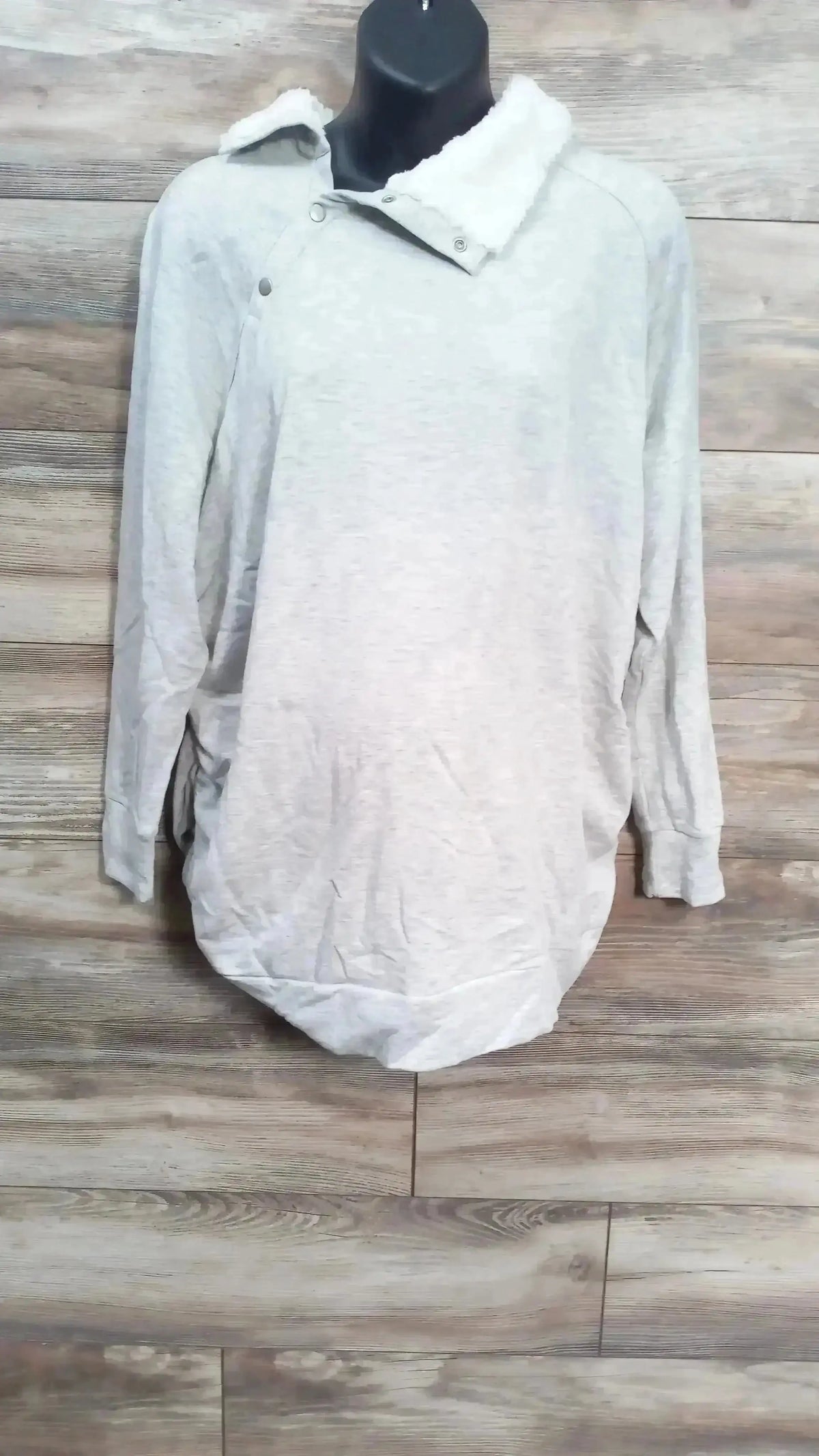Front view of Isabel maternity grey sweatshirt in XXL showing sherpa-lined snap collar, long sleeves, relaxed fit on mannequin