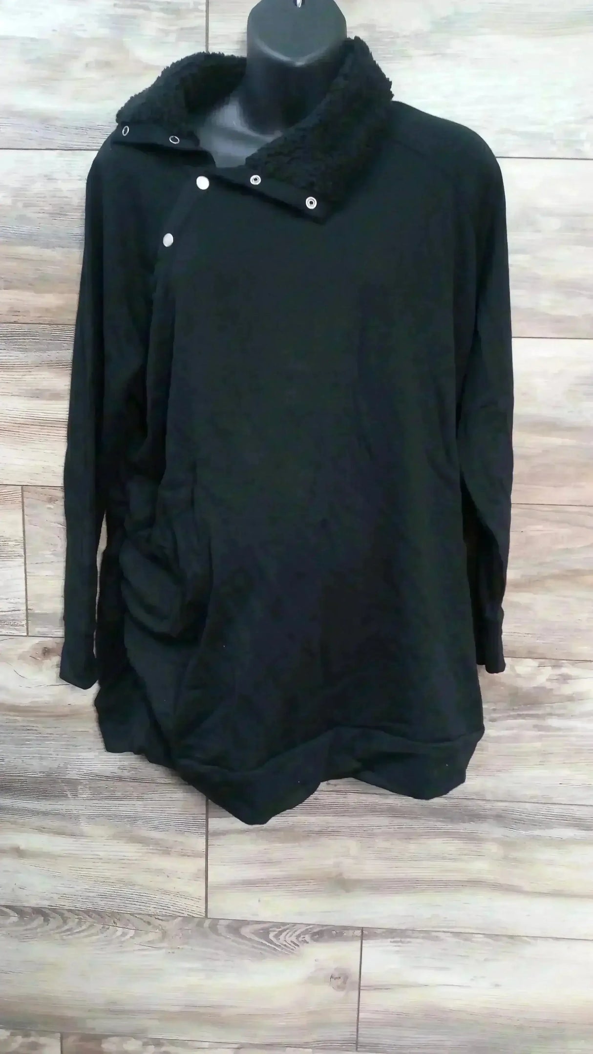 Front view of Isabel maternity black sweatshirt showcasing snap sherpa collar and long sleeves on white background