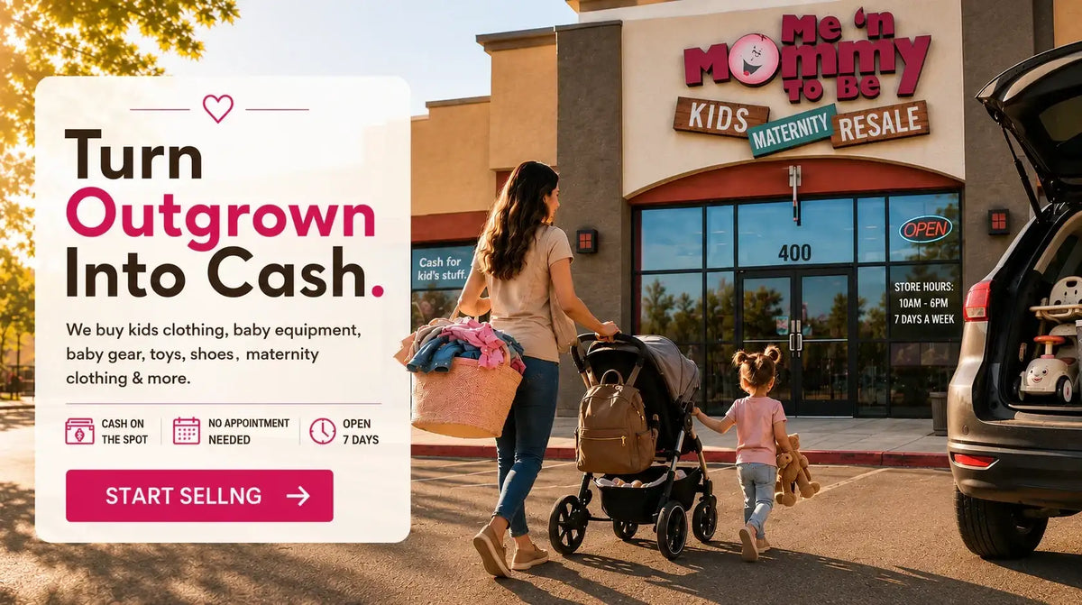 Promotional storefront scene for Mom & Me 'n Kidz Kids Maternity Resale, showing a woman pushing a stroller with a child in a parking lot beside an open car trunk. A large text panel on the left reads 'Turn Outgrown Into Cash' with a pink 'START SELLING' button.