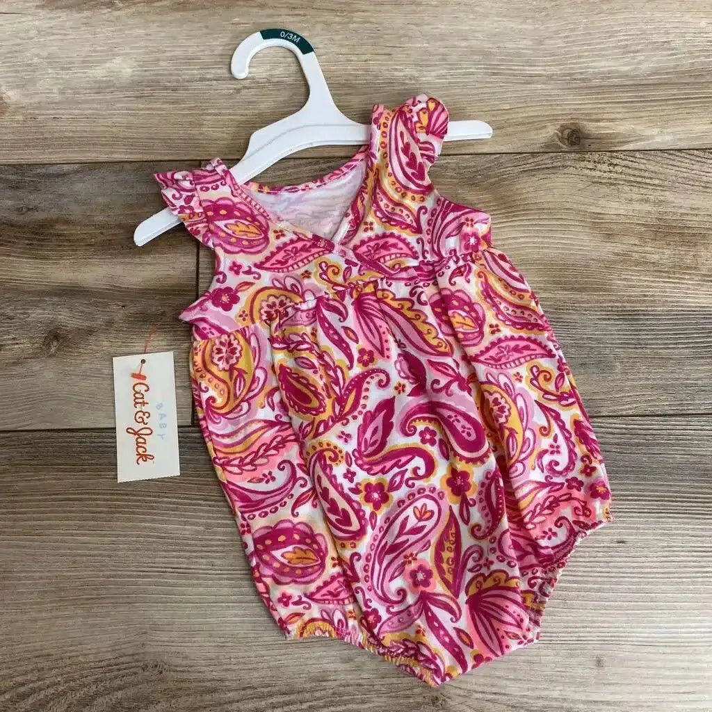 Front view of Cat & Jack baby sunsuit 0-3M in pink and yellow paisley with ruffled sleeves on white hanger on wood background
