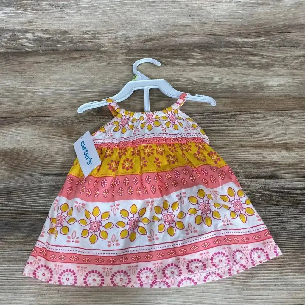 Front view of Carter’s two-piece dress and bloomers set, size 3 months, showing pink, yellow, and white floral stripes on a hanger