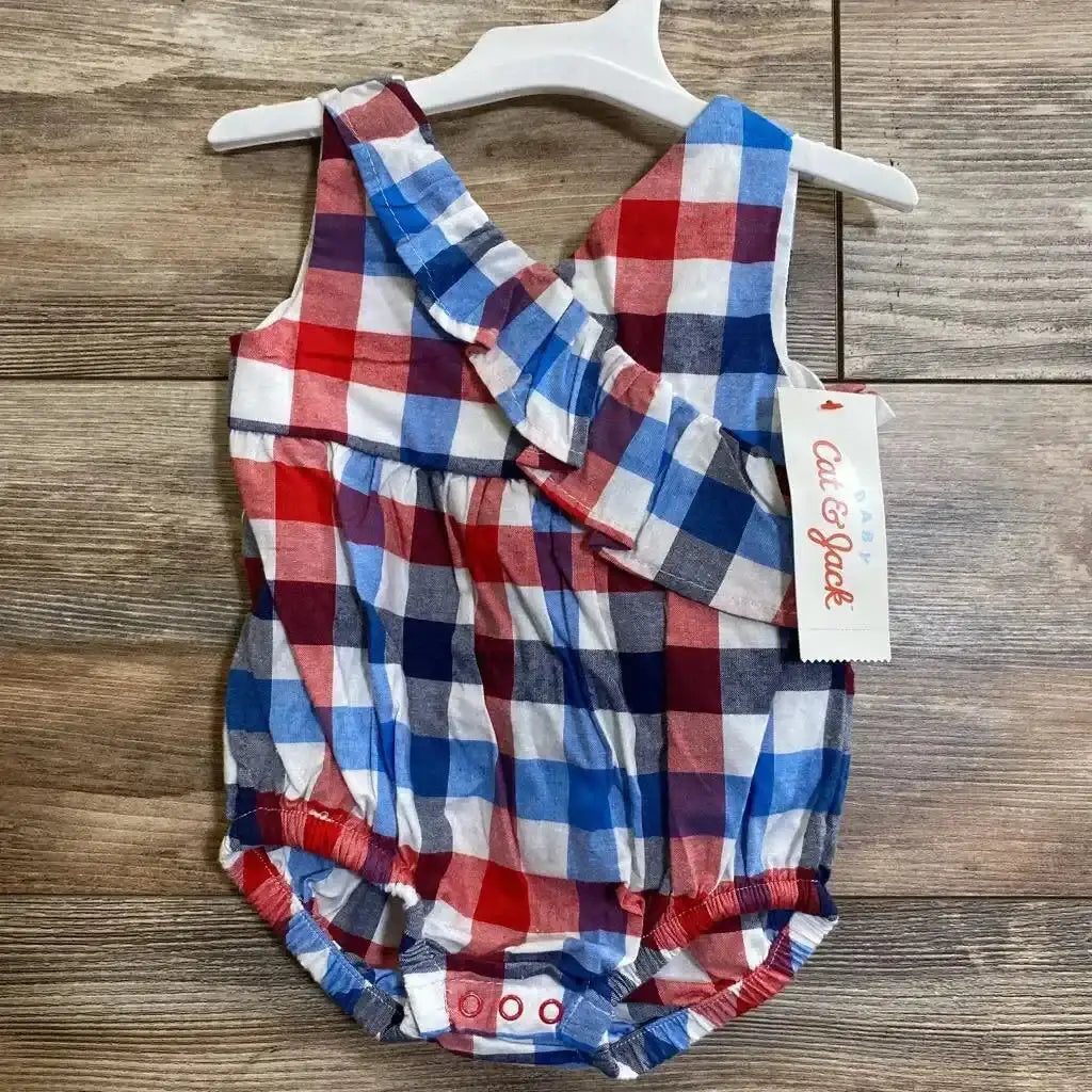 Front view of Cat & Jack blue plaid romper set, size 3–6 months, showing short sleeves and snap closures on white background