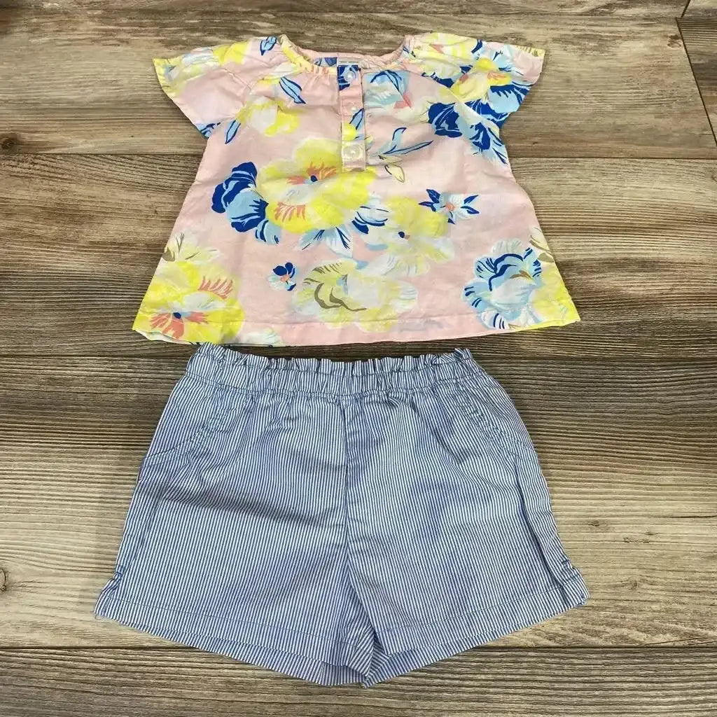 Front view of Carter’s Floral 2Pc Dress and Bloomers sz 9M showcasing pink floral dress and blue striped bloomers on wood
