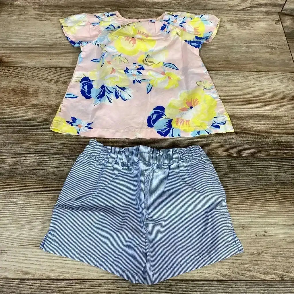 Top view of Carter’s Floral 2Pc Dress & Bloomers sz 9M showcasing pink floral dress and blue striped bloomers on wood floor