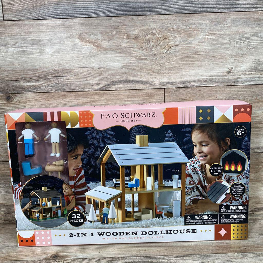 NEW FAO Schwarz Wooden Dollhouse Winter & Summer Playset - Me 'n Mommy To Be