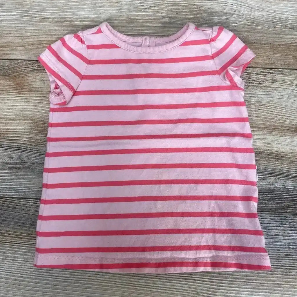 Front view of Baby Gap Striped Shirt sz 6-12m showcasing pink fabric with red horizontal stripes and short sleeves on gray wood