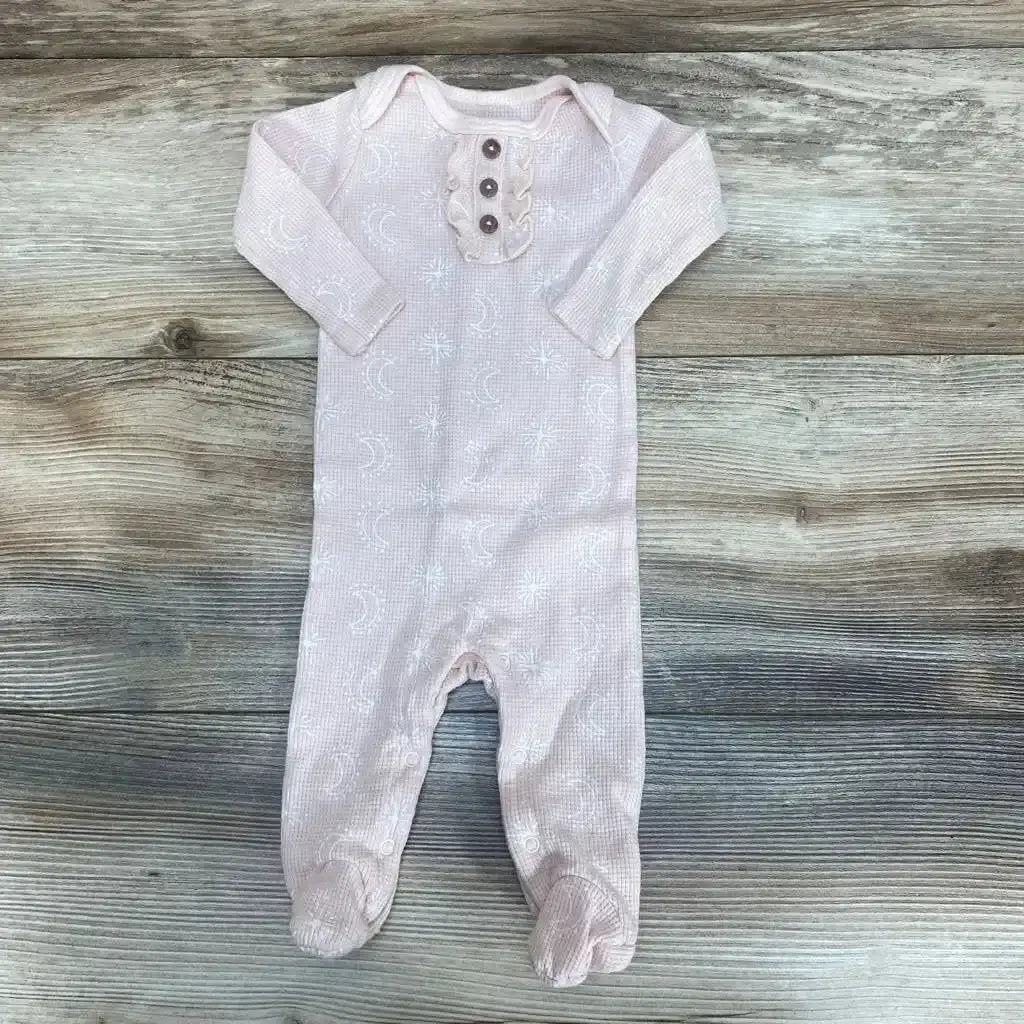 Front view of Rabbit Moon Footed Coverall sz 0-3m with pale pink moon-and-star pattern, footed legs, and three-button front
