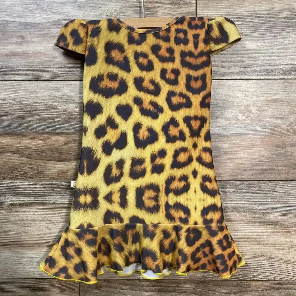 Front view of toddler tan leopard print cap sleeve dress showing flared skirt and elastic waist on white background