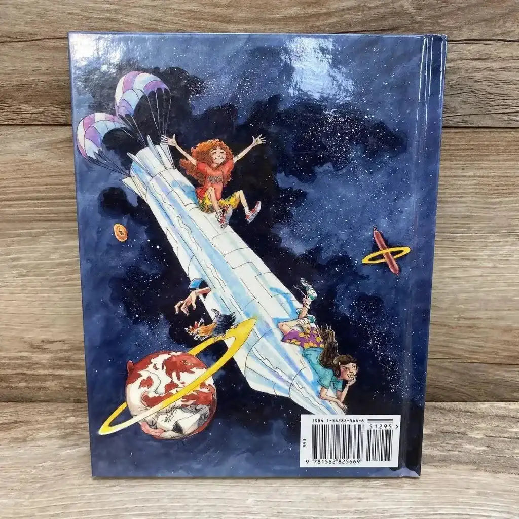 Back cover of Something Queer in Outer Space hardcover showing children on a rocket and planets; barcode on wood