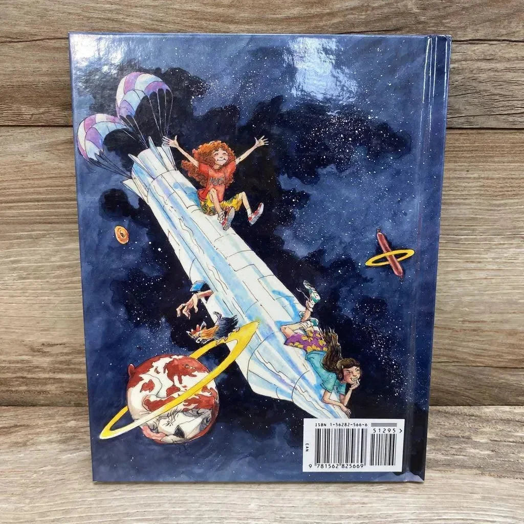 Back cover of Something Queer in Outer Space hardcover showing children on a rocket and planets; barcode on wood
