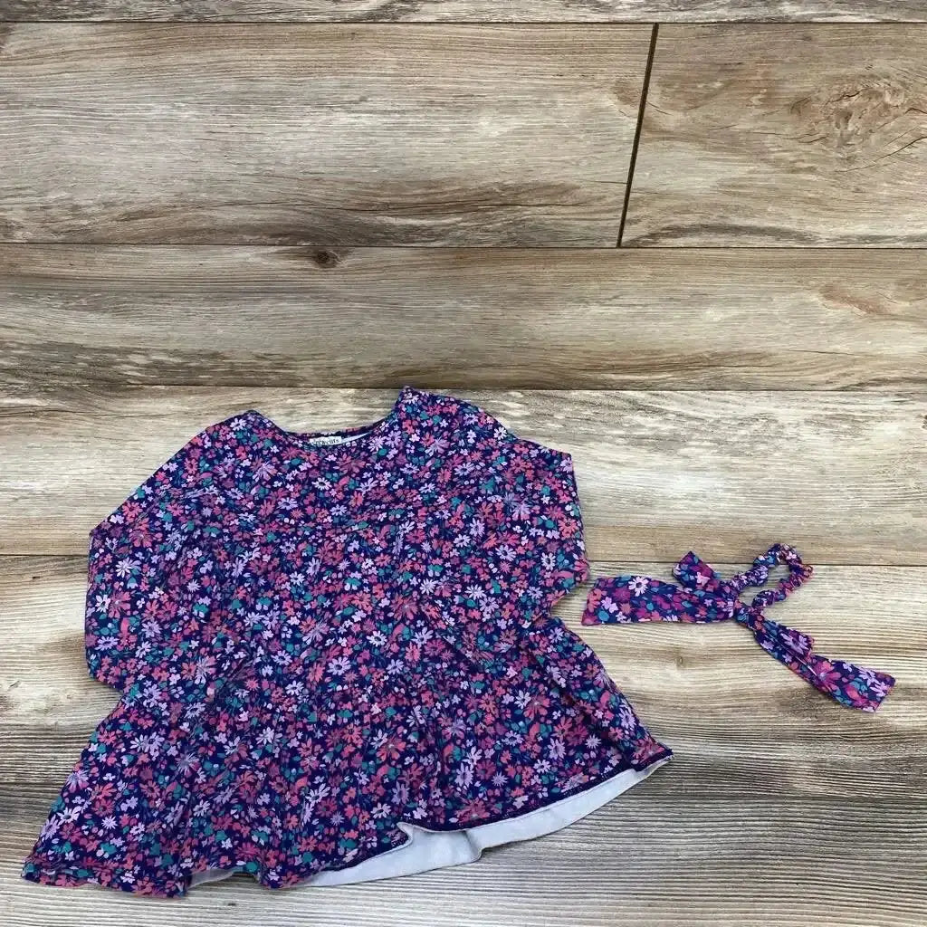 Front view of Crewcuts 2pc Floral Tunic & Scrunchie sz 2-3T showcasing a navy floral print and matching accessory on wood