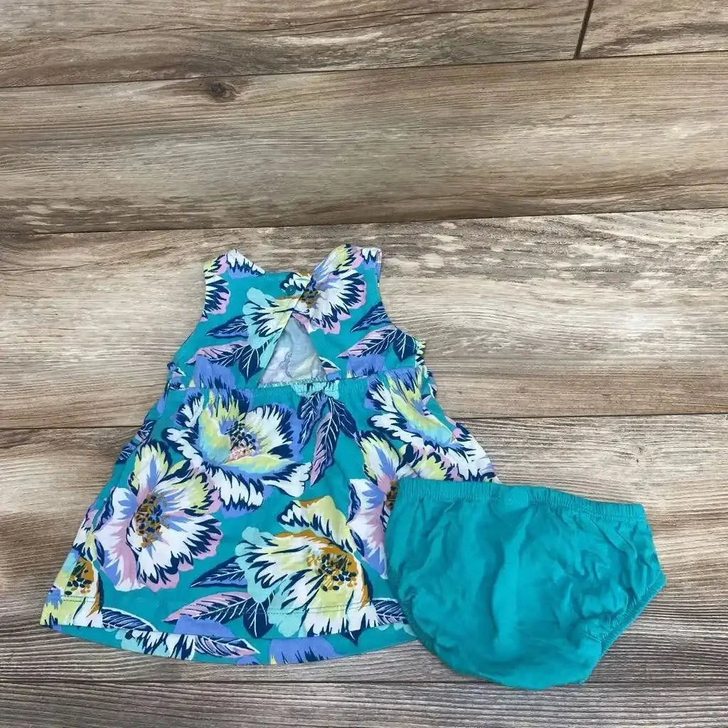 Top view of Carter’s 2pc Sleeveless Floral Dress and Bloomers sz 3m showcasing teal bloomers on wood