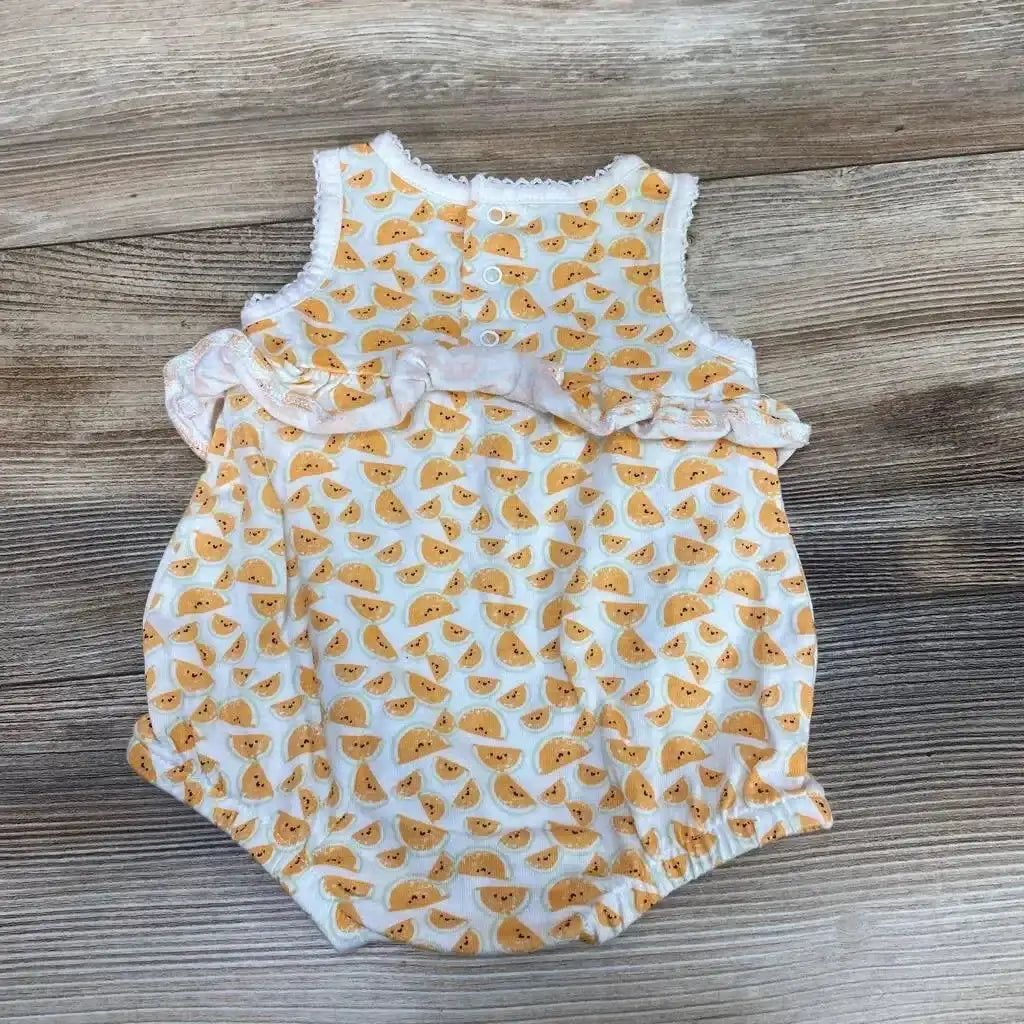 Front view of Starting Out Tank Shortie Romper sz 3m with sleeveless design, ruffled waist, and orange fruit print