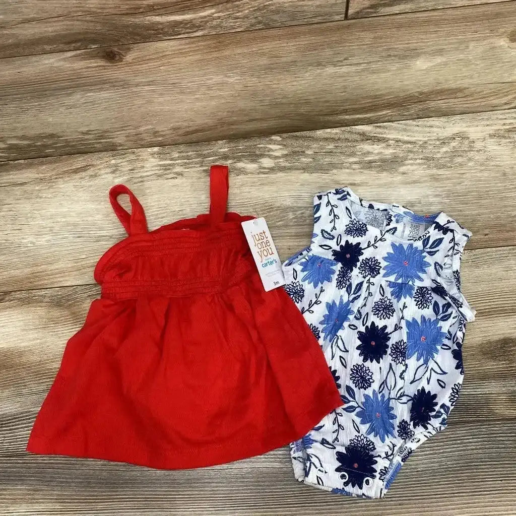 Front view of NEW Just One You 3pc Floral Romper Set sz 3m showcasing a red dress, floral romper, and bloomers on a wood-look background