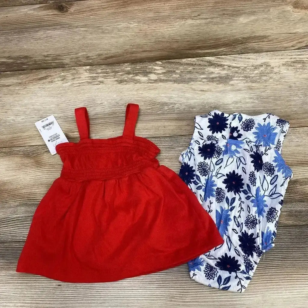 Overhead view of NEW Just One You 3pc Floral Romper Set sz 3m showing red dress, floral romper, and bloomers on wood