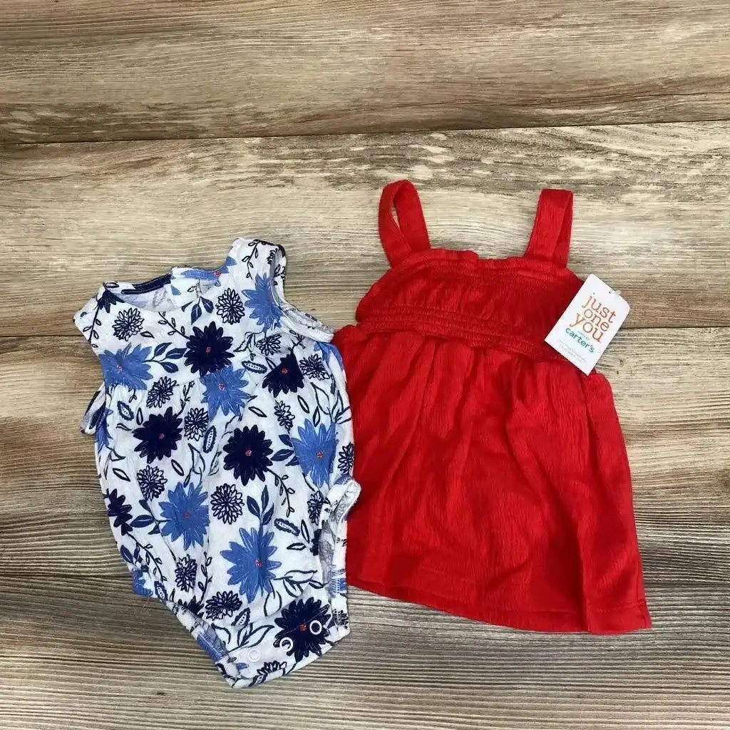 Front view of NEW Just One You 3pc Floral Romper Set sz 3m showcasing floral romper and red dress on wooden background