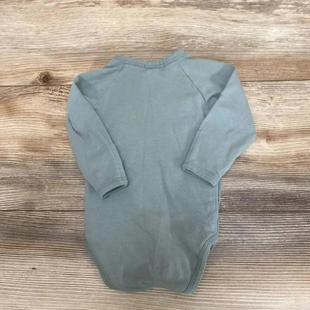 Back view of sage green August River kimono-style baby bodysuit (6-9 months) showing long sleeves and raglan seams, flat on wood background