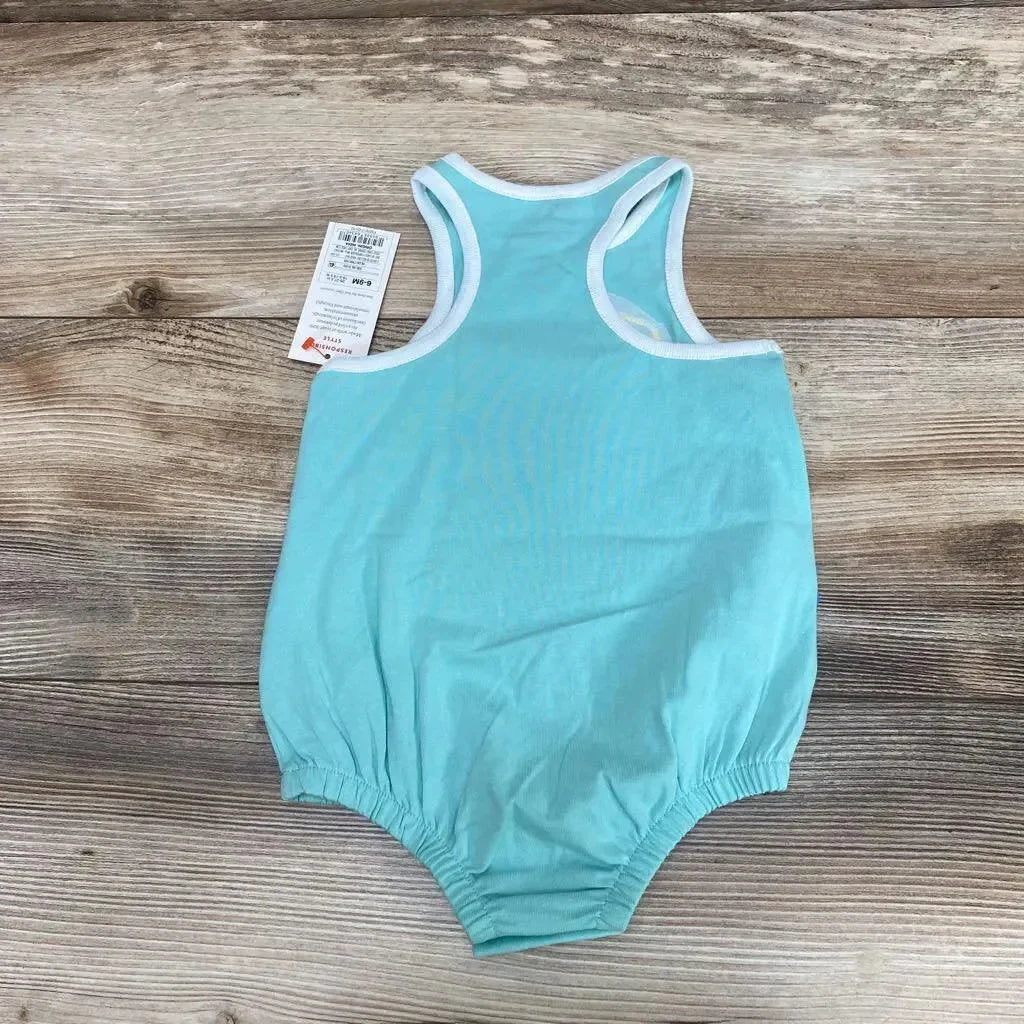 Back flat lay of blue Cat and Jack romper showing racerback, white trim, elastic legs, new with tag on wood