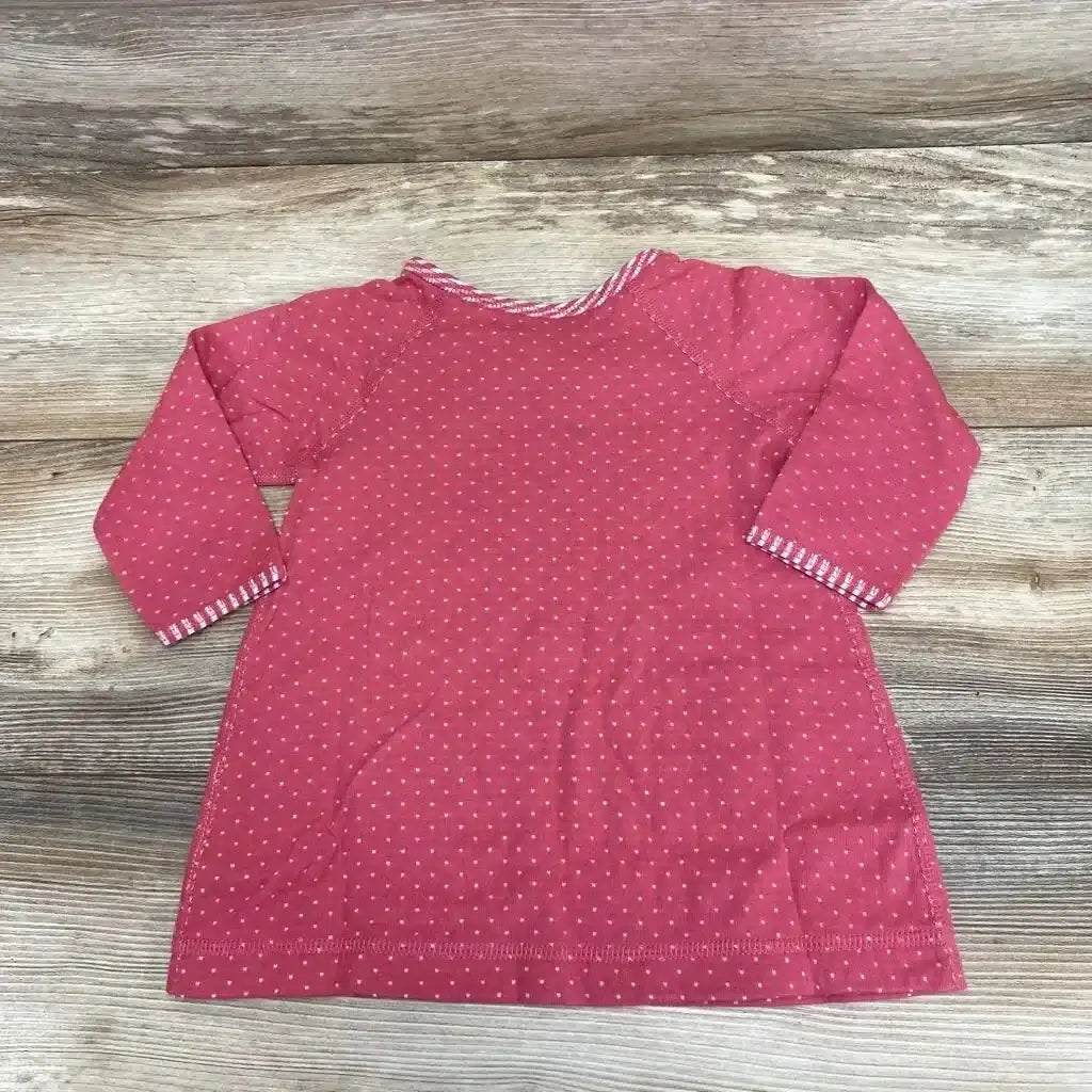 Front view of Hanna Andersson dress, size 6 to 12 months, showcasing long sleeves and white dots on burgundy fabric