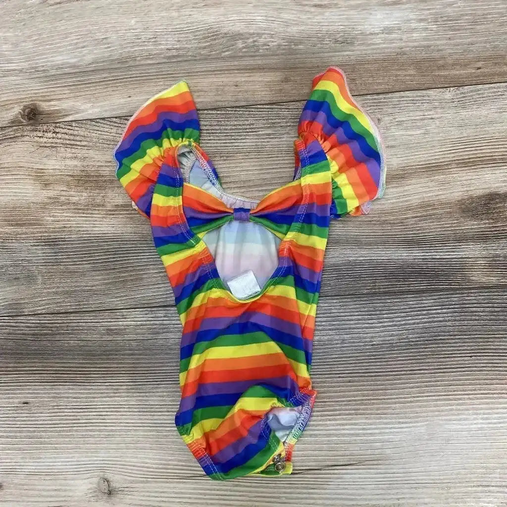 Flat lay of Syd and Mimi striped baby leotard with rainbow stripes, ruffle sleeves, back keyhole and snap crotch