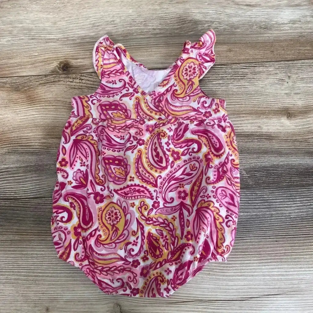 Front view of Cat & Jack paisley floral romper, size 3-6m, showcasing pink paisley floral print and ruffled straps