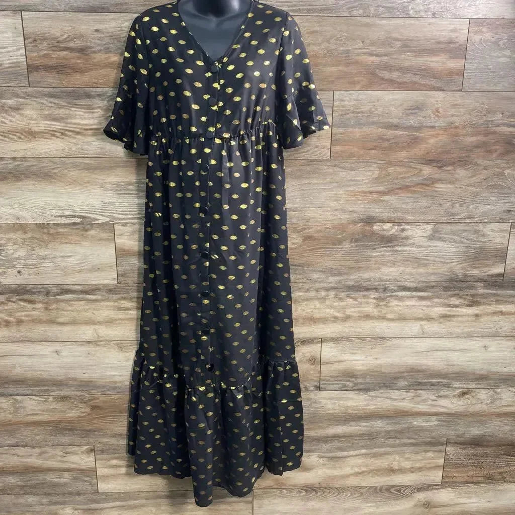 Front view of Shein maternity black maxi dress, yellow polka dots, button front, empire waist and tiered hem on mannequin