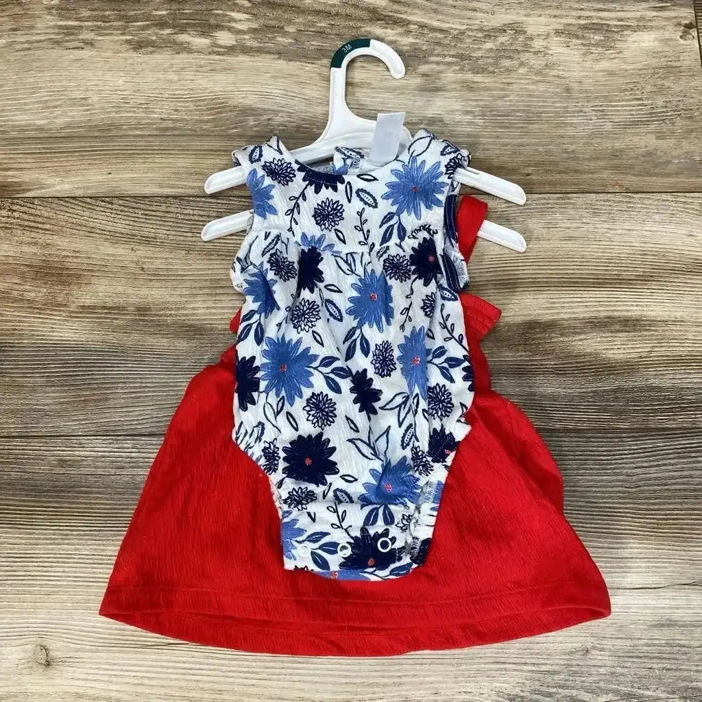 Front view of NEW Just One You 3pc Floral Romper Set sz 3m showcasing a blue floral romper and red dress on white hangers