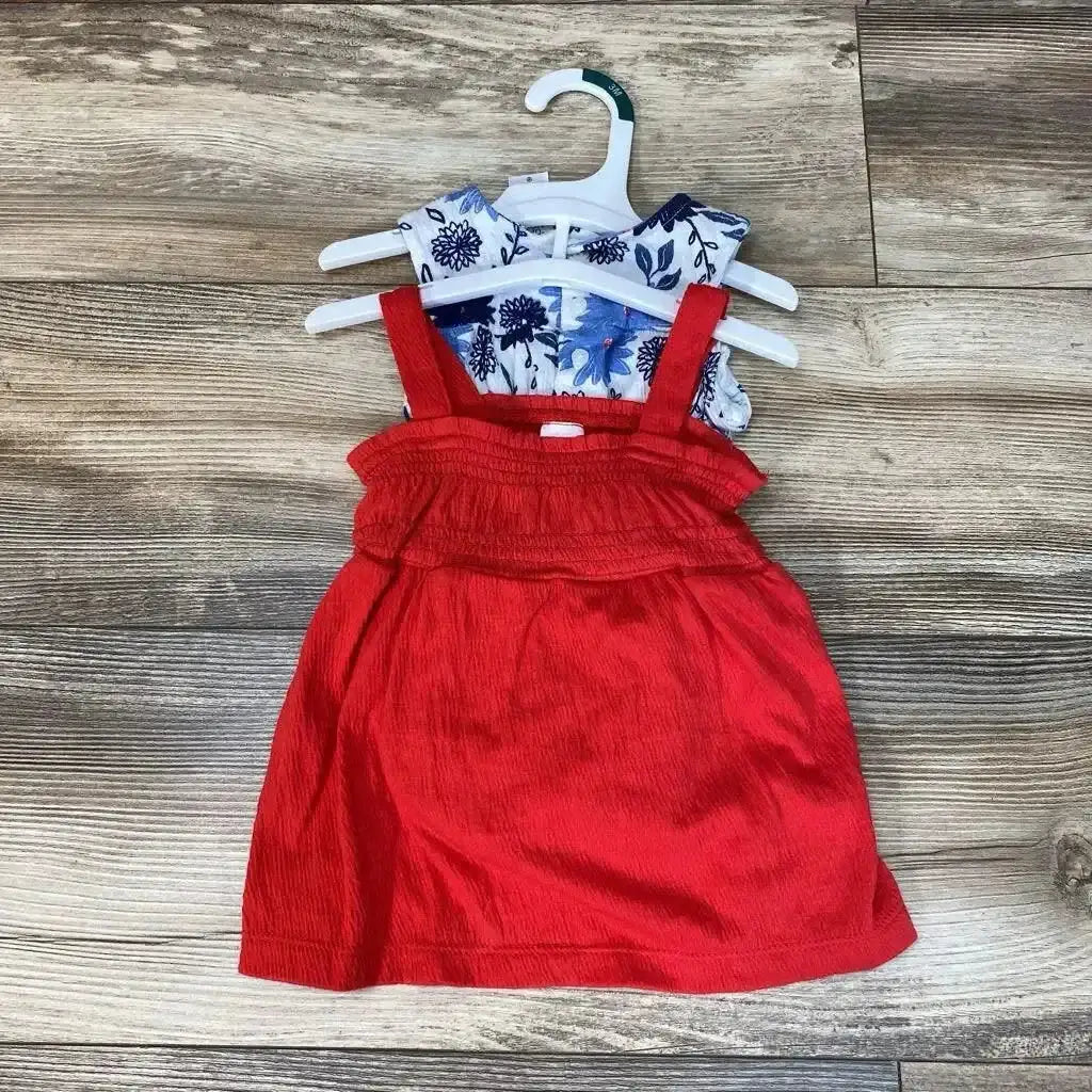 Front view of NEW Just One You 3pc Floral Romper Set sz 3m with red dress and floral romper on hangers