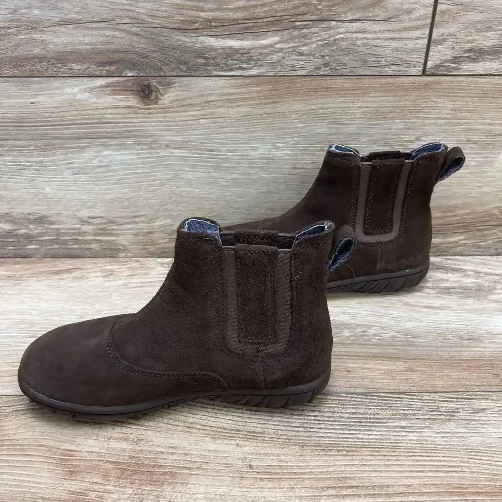 Side view of brown toddler Bogs Chelsea boots with suede upper, elastic side panels, pull tab, and rubber sole