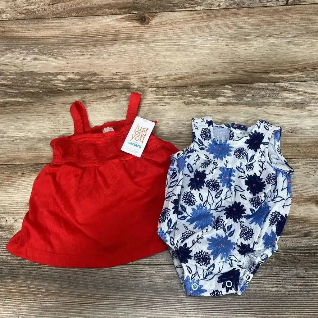 Flat lay of NEW Just One You 3pc Floral set showcasing solid red tank dress and blue floral print bodysuit with hangtag on wood plank floor