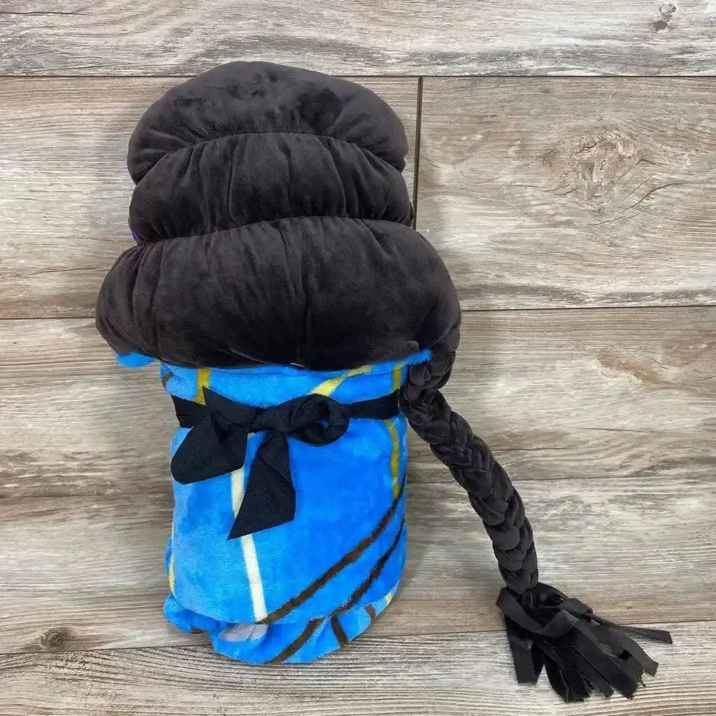 Top view of NEW Marvel Black Panther Shuri hooded blanket rolled showcasing plush black braided hood and blue tribal print body on wood