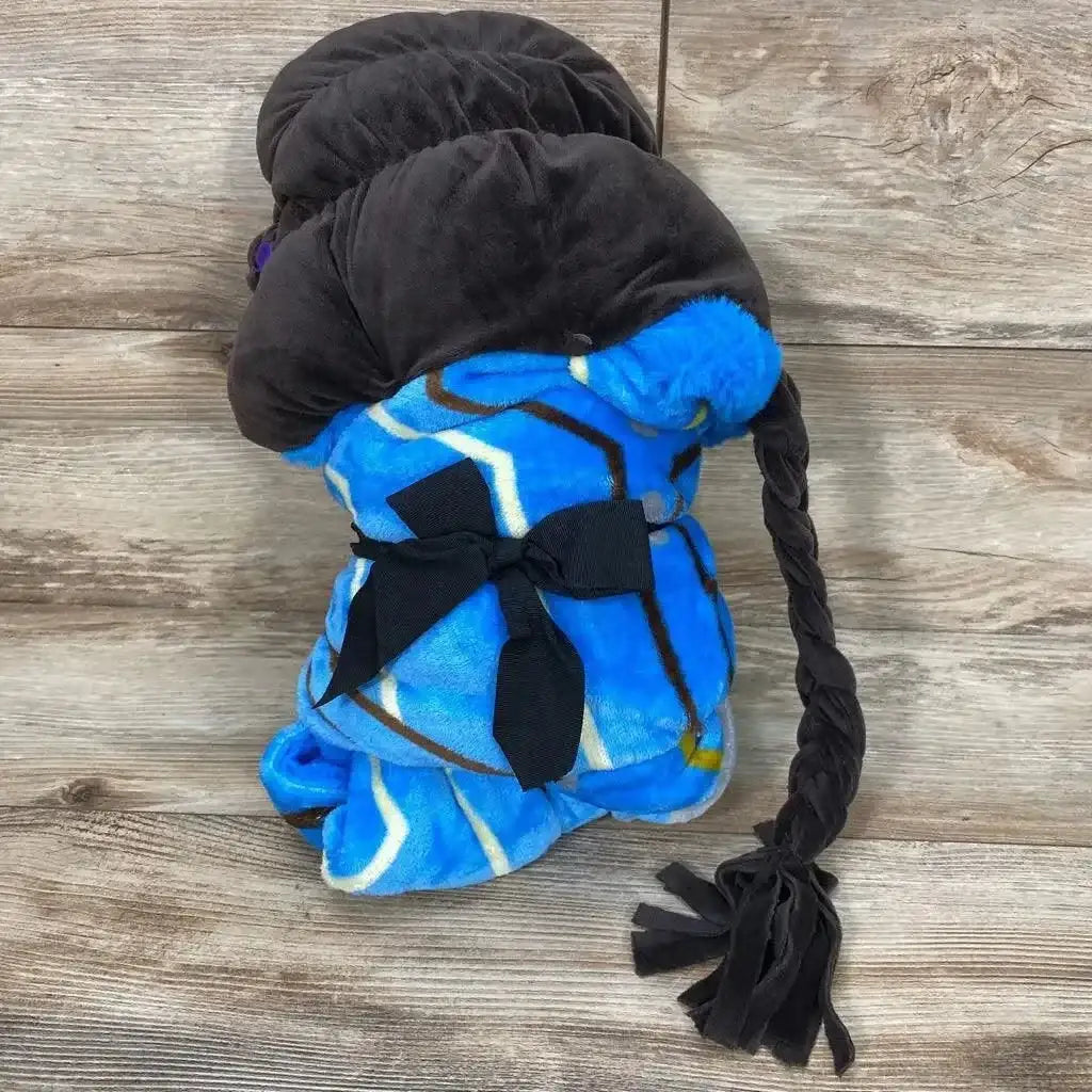 Front view of Marvel Black Panther Shuri hooded blanket folded to show plush blue pattern, black hood with braid, on wood floor