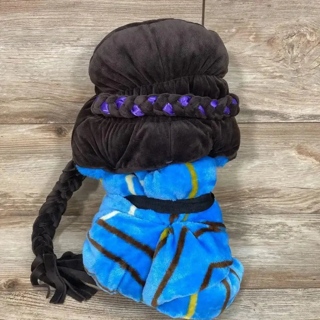 Back view of Black Panther Shuri hooded blanket with braided hood and purple ribbon, blue striped blanket on wood background