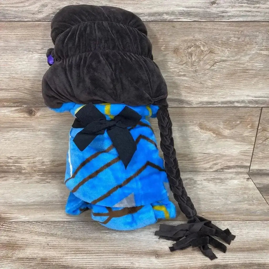 Back view of NEW Marvel Black Panther Shuri hooded blanket showcasing a black hood, long braid, and blue patterned blanket
