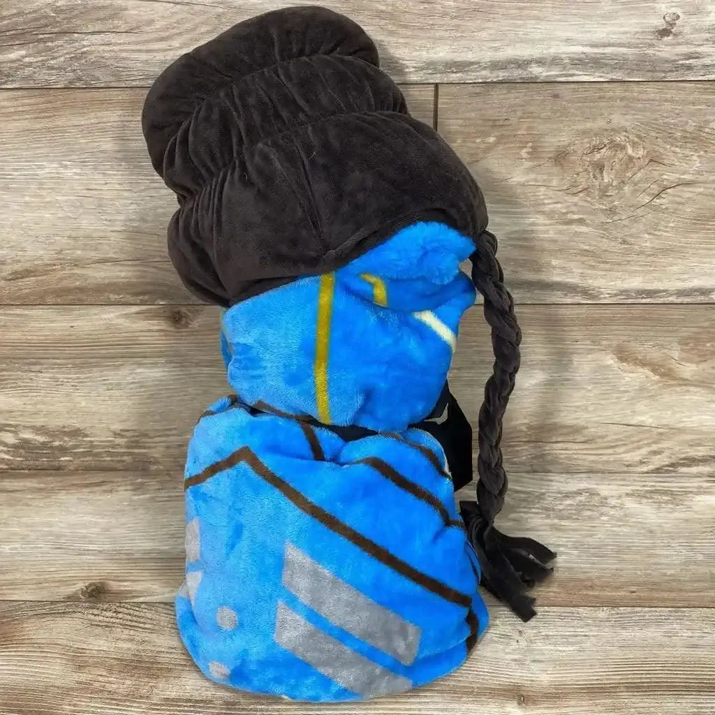 Front view of Marvel Black Panther Shuri hooded blanket with blue design, hood, and braided hair on a wood plank background