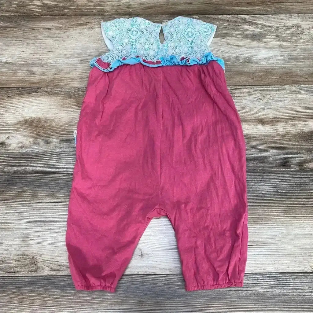 Front view of blue Isobella & Chloe cap-sleeve ruffle romper, 18 months, ruffle trim and snap bottom on plain background