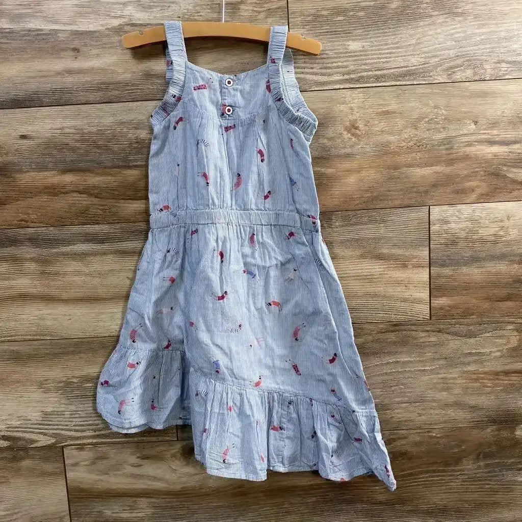 Front view of Catimini blue striped 5T dress showing asymmetrical ruffle hem, buttoned bodice on wood background