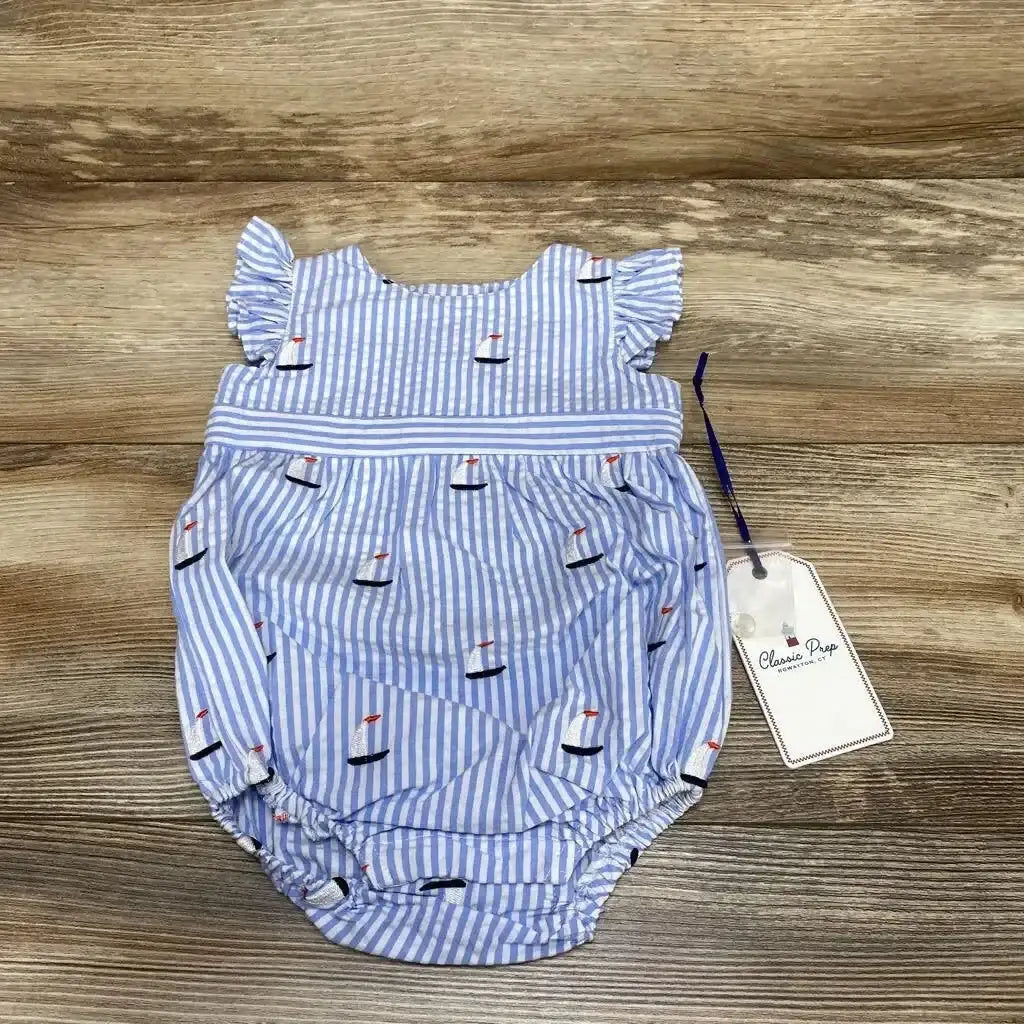 Front view of Classic Prep seersucker bubble romper with blue white stripes, embroidered sailboats, and ruffled sleeves