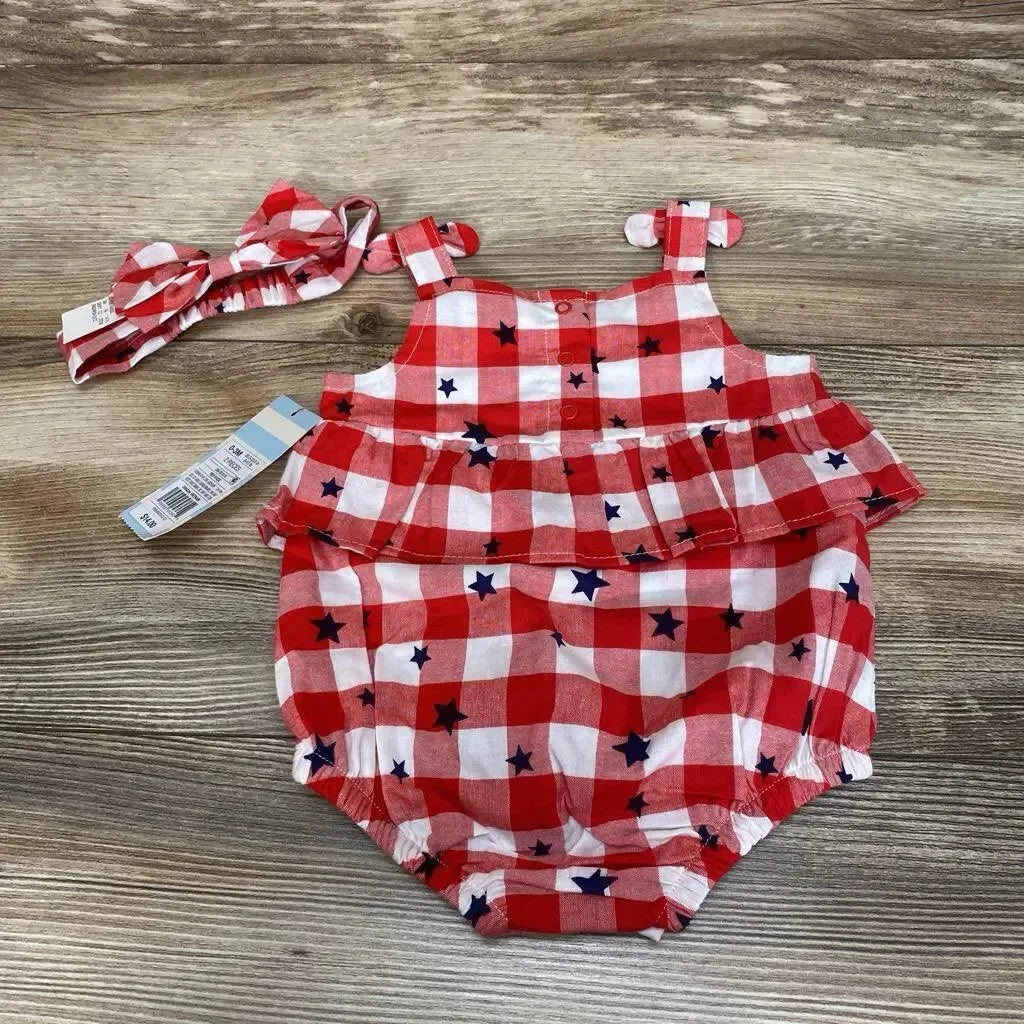 NEW Cat & Jack 2pc Gingham Stars Romper & Headband sz 0-3m - Me 'n Mommy To Be