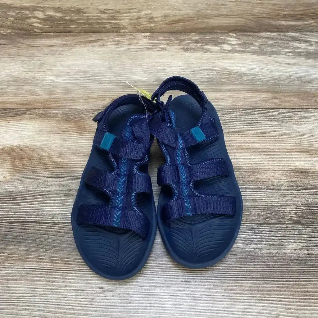 Overhead view of navy All in Motion sandals size 6Y with three adjustable straps and textured footbed on wood background