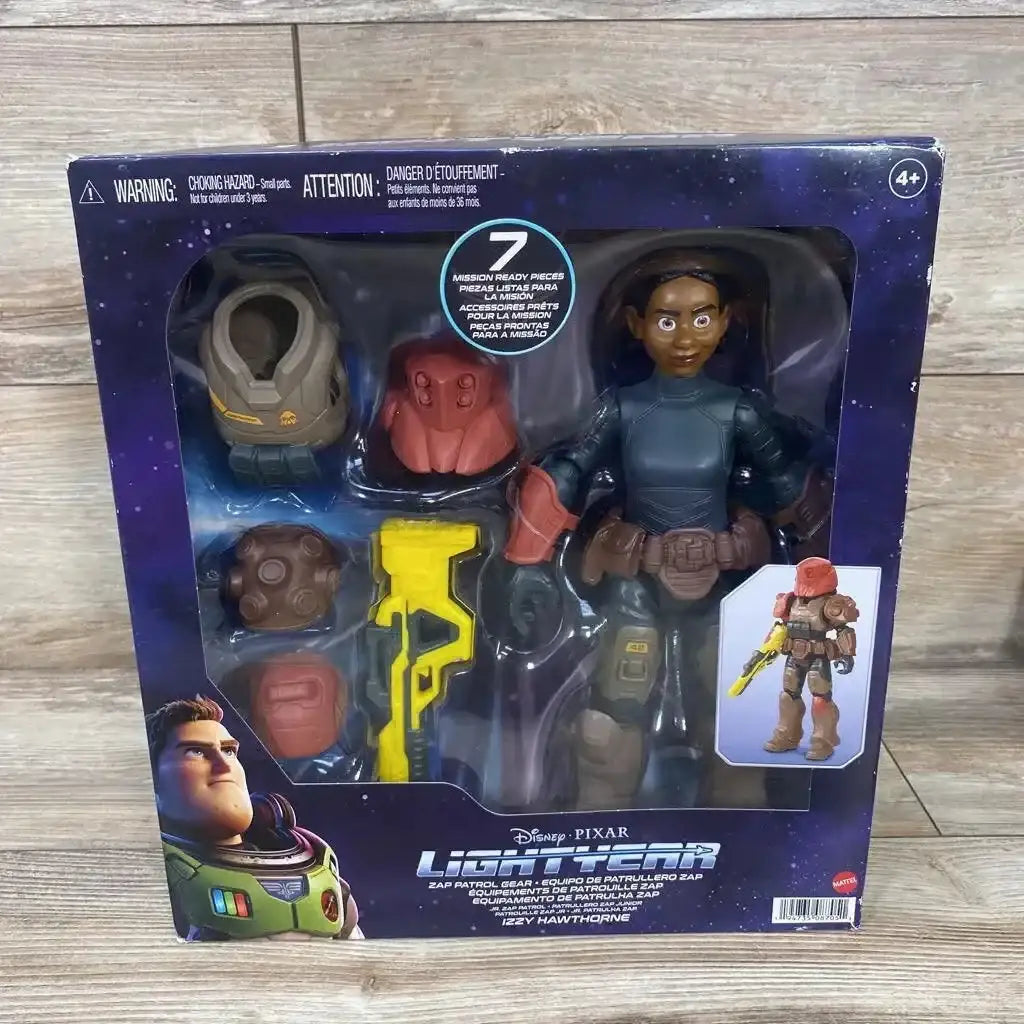Front view of Pixar Lightyear Izzy Hawthorne action figure in box with helmet, armor pieces and BB-93 laser rifle