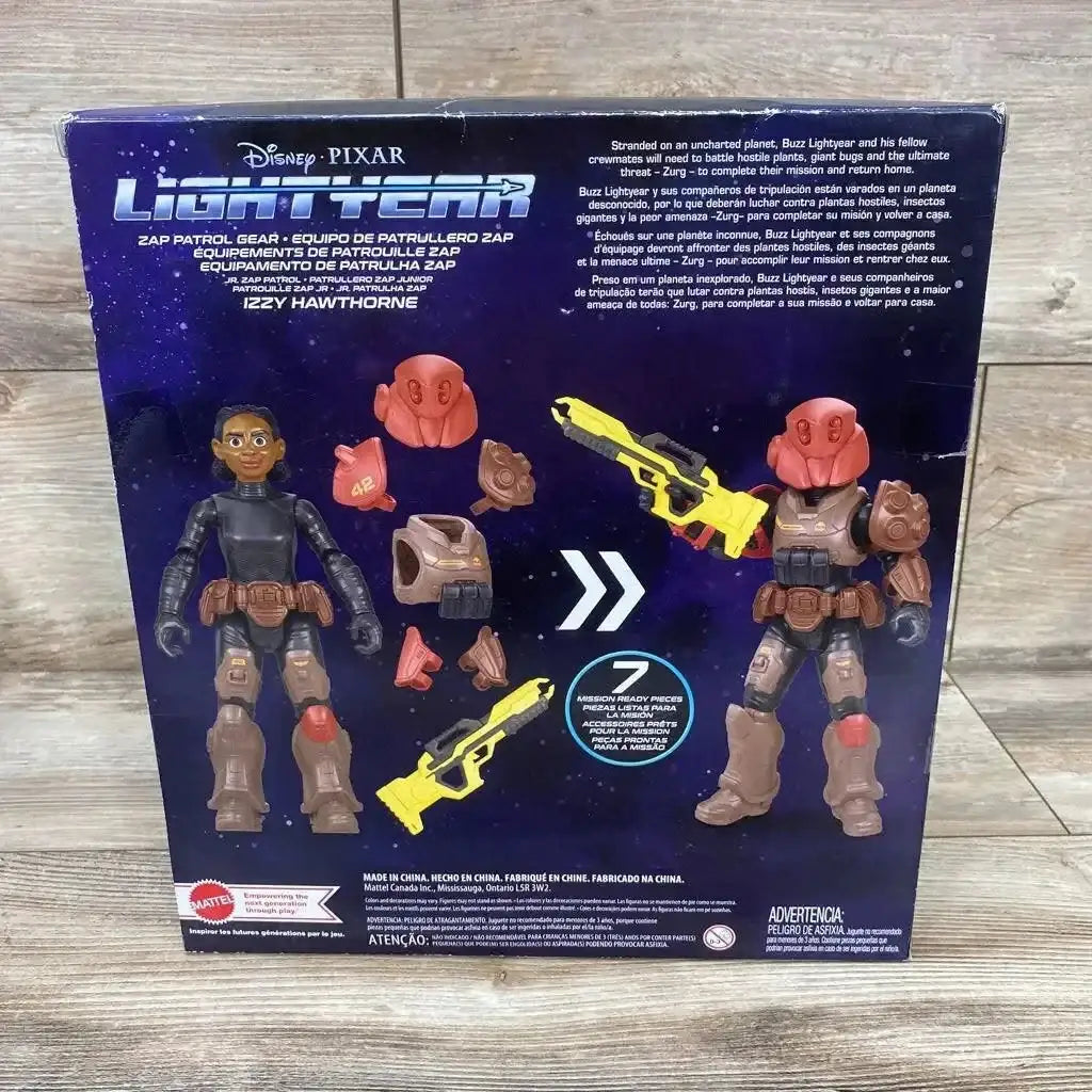 Back view of Pixar Lightyear Izzy Hawthorne action figure box showing armor pieces, helmet and laser rifle