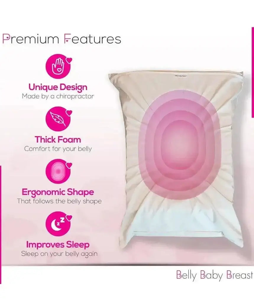 Top view of ivory Belly Baby Breast pregnancy pillow with recessed oval support and contoured ergonomic shape on white background
