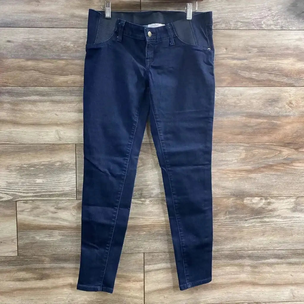 Front view of blue Isabel maternity jeggings showing elastic side belly panel and skinny leg on plain white background