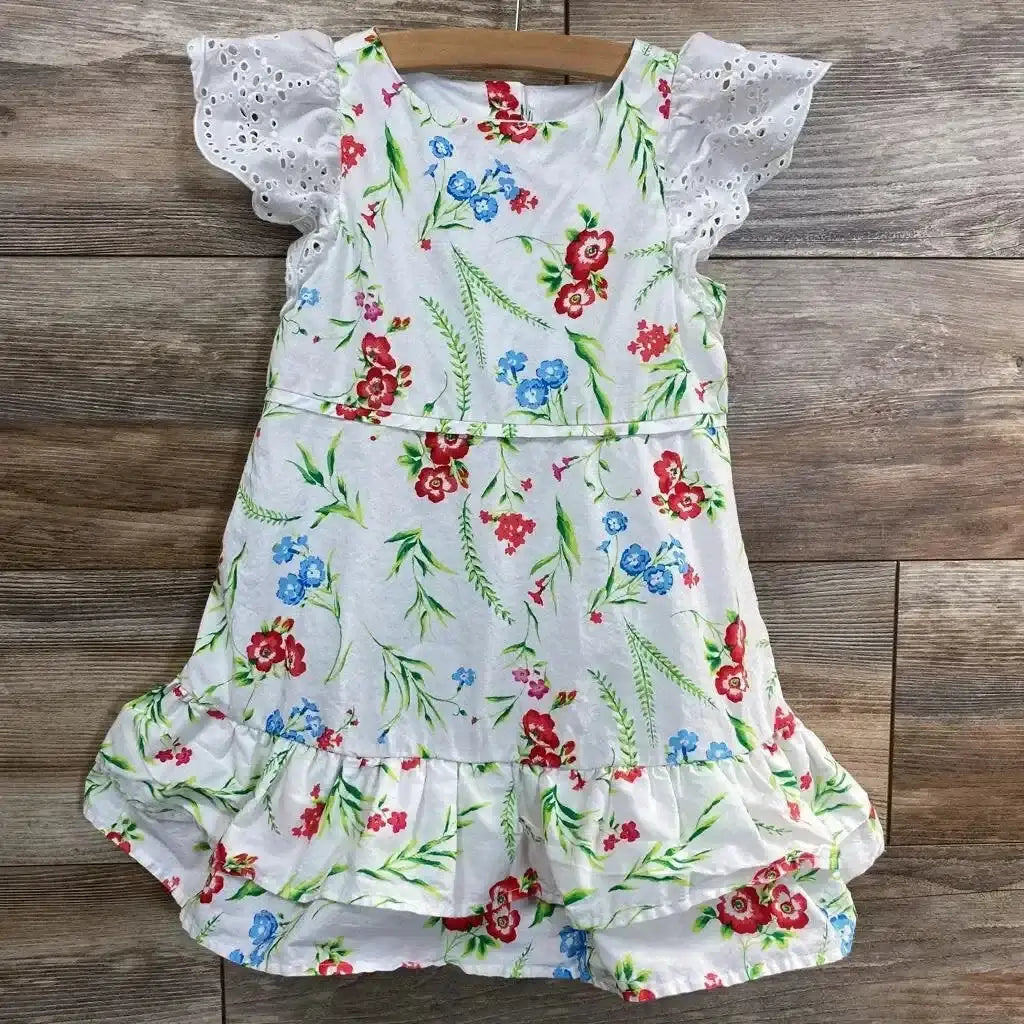 Front view of Janie and Jack toddler dress size 3T showcasing eyelet flutter sleeves, red and blue floral print and ruffled hem on wood floor background