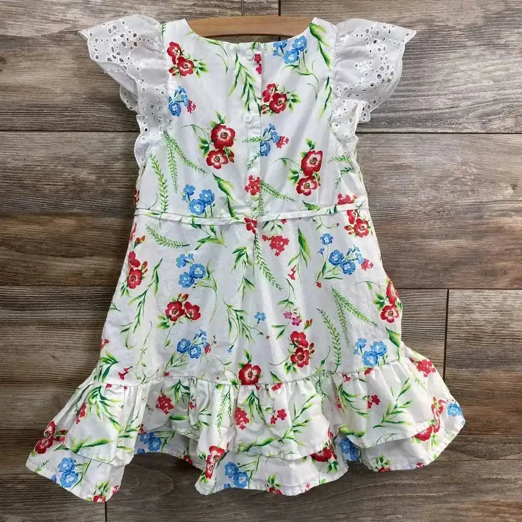 Front view of white Janie and Jack toddler dress size 3T showcasing eyelet sleeve details and pink floral print on plain white background