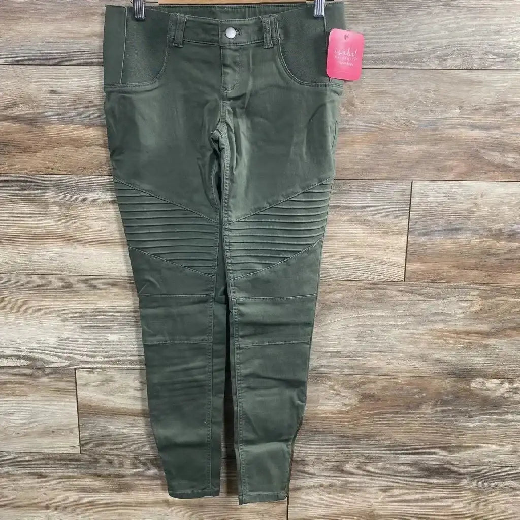 Front view of NEW Isabel Maternity Utility Jeggings in olive green showcasing moto knee ribbing side panels and pink hangtag on wood plank floor