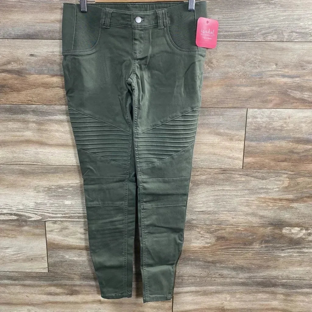 Front view of olive Isabel maternity utility jeggings showcasing ribbed moto knee panels, elastic maternity waistband, skinny fit on wood background