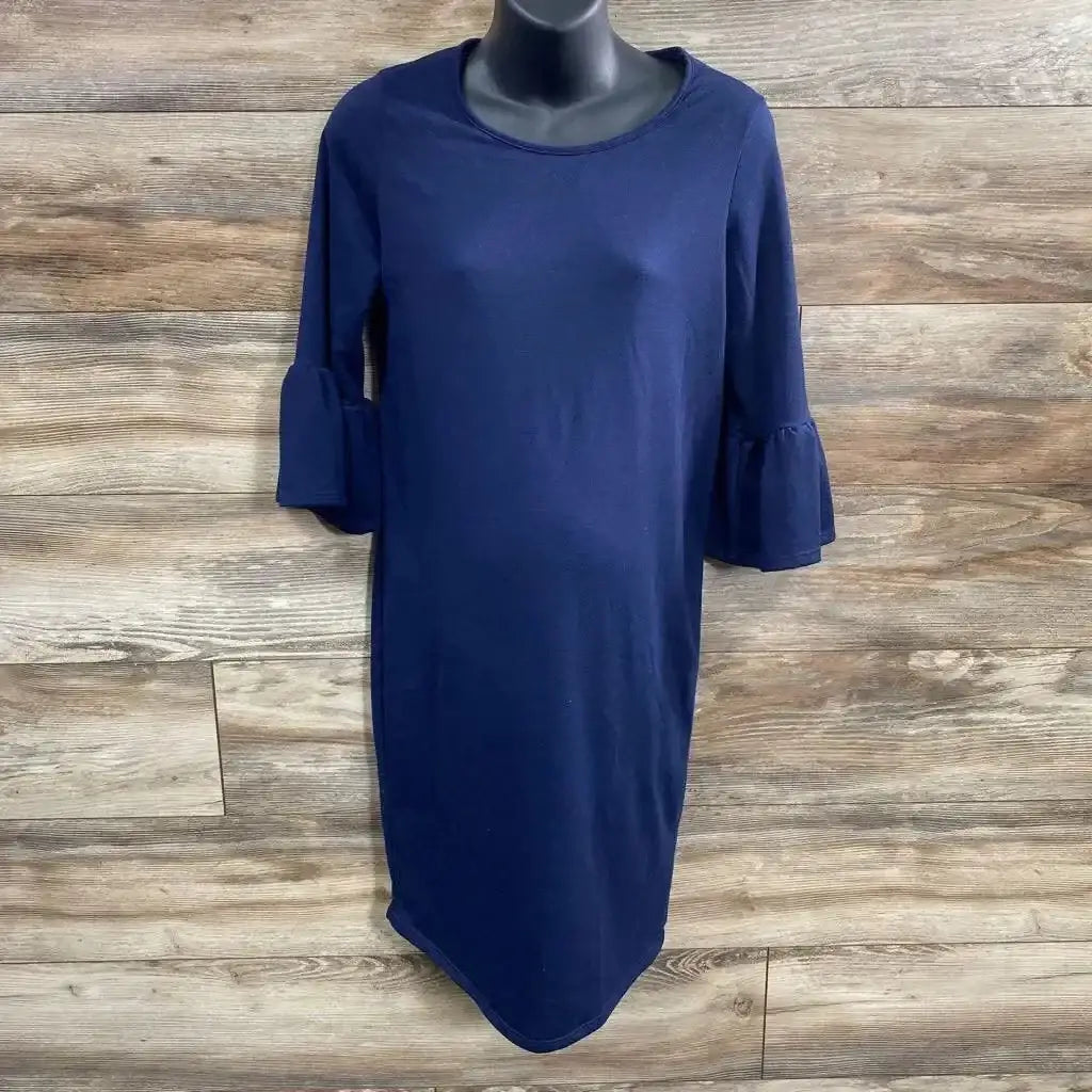 Front view of Pink Blush maternity dress in navy with three-quarter bell sleeves and round neckline on dress form